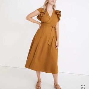 Linen blend ruffle sleeve wrap midi dress xl